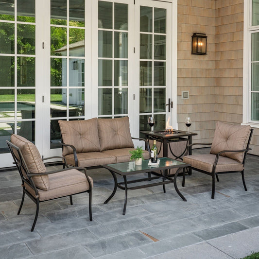 Hanover Fire Pit Chat Set Hanover - Palm Bay 5pc Fire Pit: Loveseat, 2 Side Chairs, Coffee Tbl, Fire Pit