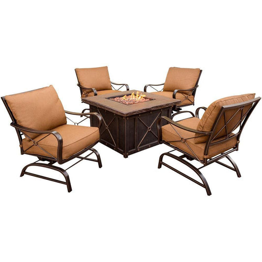 Hanover Fire Pit Chat Set Hanover - Stone Harbor 5pc Fire Pit (4 cushion rockers, 40" square fire pit)