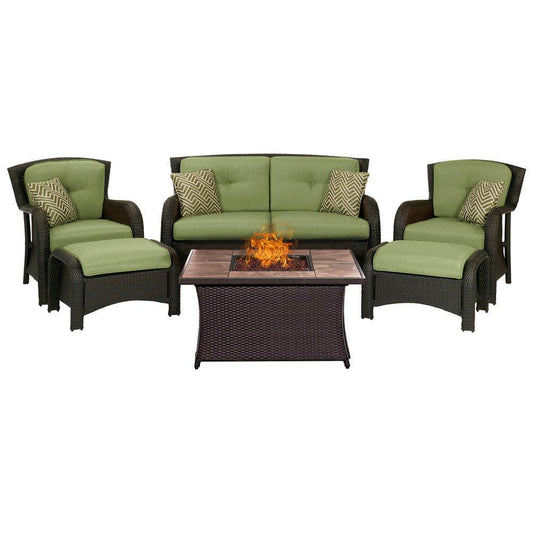Hanover Fire Pit Chat Set Hanover - Strathmere 6-Piece Lounge Set In Cilantro Green with Fire Pit Table