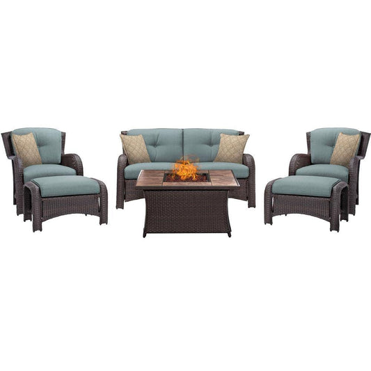 Hanover Fire Pit Chat Set Hanover Strathmere 6-Piece Lounge Set In Ocean Blue with Fire Pit Table