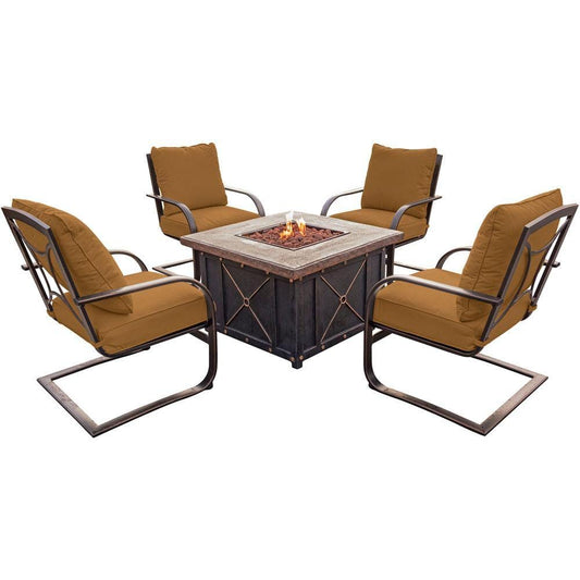 Hanover Fire Pit Chat Set Hanover - Summer Night 5pc Fire Pit Set: 4 Spring Chairs and Durastone Fire Pit