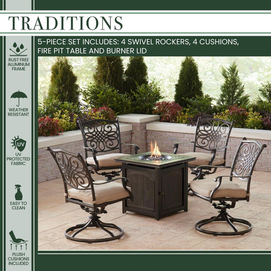 Hanover Fire Pit Chat Set Hanover - Traditions 5-Piece Aluminium Frame Fire Pit Chat Set in Natural Oat with 4 Swivel Rockers and a 26-In. Square Fire Pit Table | TRAD5PCSWFPSQ-TAN