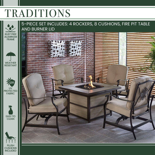 Hanover Fire Pit Chat Set Hanover Traditions 5-Piece Aluminum Fire Pit Chat Set with 4 Cushioned Rockers and a 40,000 BTU Fire Pit Table | Tan | TRAD5PCSQFP-TAN