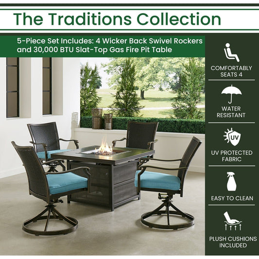 Hanover Fire Pit Chat Set Hanover Traditions 5-Piece Aluminum Frame Chat Set with Four Wicker Back Swivel Rockers in Blue and 38-in. 30,000 BTU Slat-Top Gas Fire Pit Table | TRADWB5PCSLSW4FP-BLU