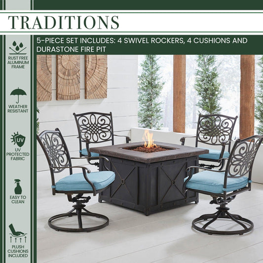 Hanover Fire Pit Chat Set Hanover - Traditions 5-Piece Aluminum Frame Fire Pit Chat Set in Blue with 4 Swivel Rockers and a 40-In. Square Durastone Fire Pit Table | Blue/Bronze | TRAD5PCDSW4FP-BLU