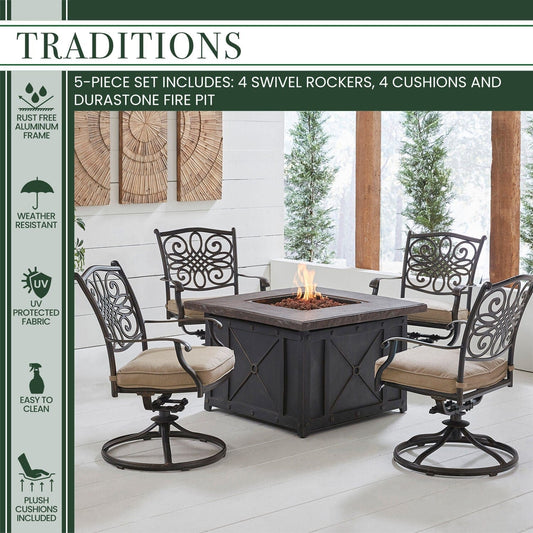 Hanover Fire Pit Chat Set Hanover - Traditions 5-Piece Aluminum Frame Fire Pit Chat Set in Natural Oat with 4 Swivel Rockers and a 40-In. Square Durastone Fire Pit Table | Tan/Bronze | TRAD5PCDSW4FP-TAN