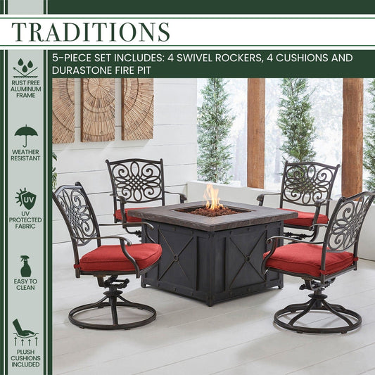 Hanover Fire Pit Chat Set Hanover - Traditions 5-Piece Aluminum Frame Fire Pit Chat Set in Red with 4 Swivel Rockers and a Durastone Fire Pit Table| Red/Bronze | TRAD5PCDSW4FP-RED