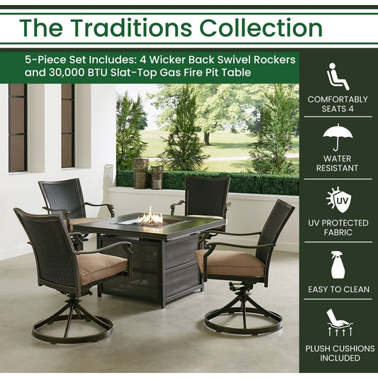 Hanover Fire Pit Chat Set Hanover Traditions 5-Piece Aluminum Frames Chat Set with Four Wicker Back Swivel Rockers in Tan and 38-in. 30,000 BTU Slat-Top Gas Fire Pit Table | Tan/Bronze | TRADWB5PCSLSW4FP-TAN
