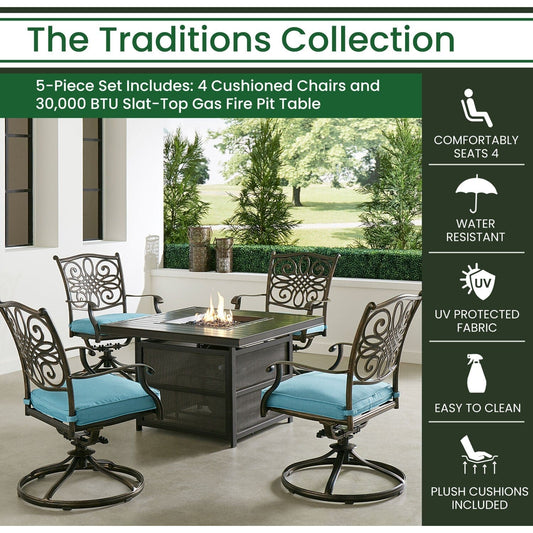 Hanover Fire Pit Chat Set Hanover Traditions 5-Piece Aluminum Frames Fire Pit Chat Set with Four Swivel Rockers in Blue and 38-in. 30,000 BTU Slat-Top Gas Fire Pit Table - TRAD5PCSLSW4FP-BLU