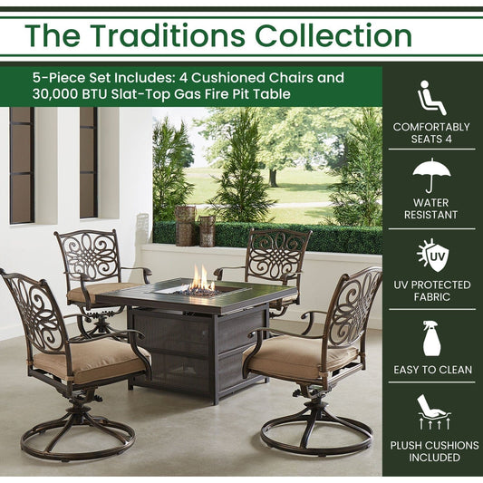Hanover Fire Pit Chat Set Hanover Traditions 5-Piece Aluminum Frames Fire Pit Chat Set with Four Swivel Rockers in Tan and 38-in. 30,000 BTU Slat-Top Gas Fire Pit Table