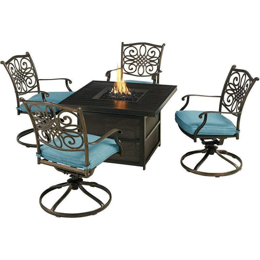 Hanover Fire Pit Chat Set Hanover Traditions 5-Piece Fire Pit Chat Set with Four Swivel Rockers in Blue and 38-in. 30,000 BTU Slat-Top Gas Fire Pit Table - TRAD5PCSLSW4FP-BLU