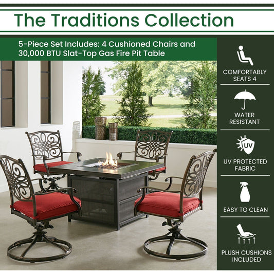 Hanover Fire Pit Chat Set Hanover Traditions 5-Piece Fire Pit Chat Set with Four Swivel Rockers in Red and 38-in. 30,000 BTU Slat-Top Gas Fire Pit Table - TRAD5PCSLSW4FP-RED