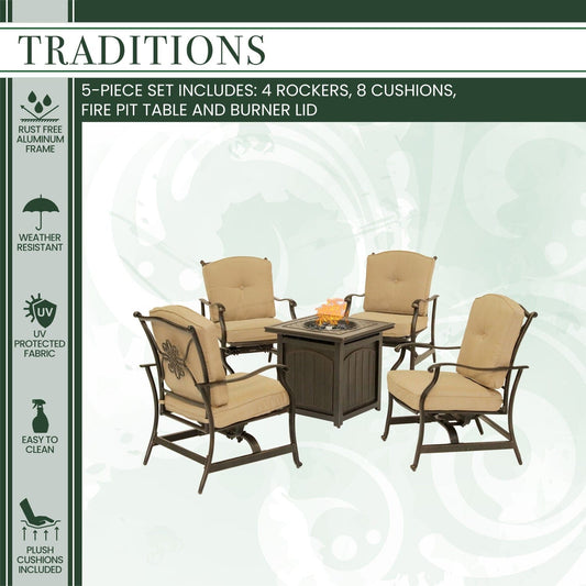 Hanover Fire Pit Chat Set Hanover - Traditions5pc: 4 Deep Seating Rkrs and 26" Square Fire Pit | TRAD5PCFPSQ-TAN