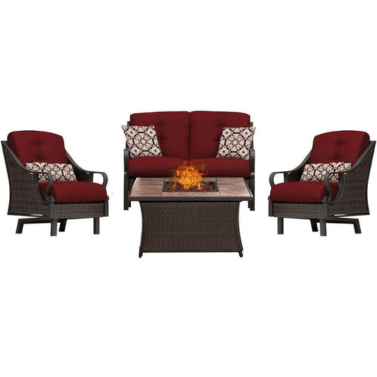 Hanover Fire Pit Chat Set Hanover - Ventura 4-Piece Fire Pit Chat Set in Crimson Red