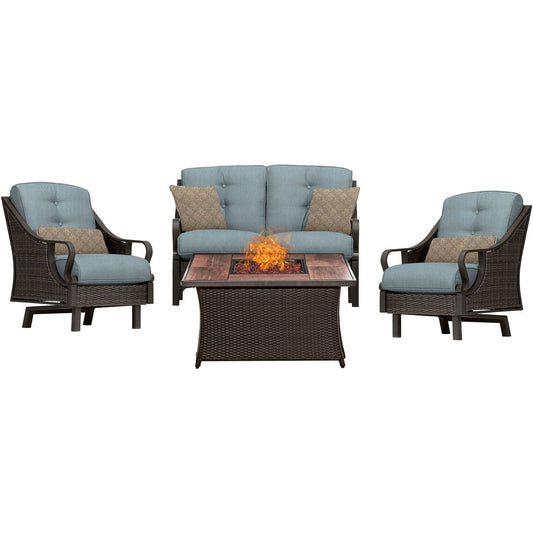 Hanover Fire Pit Chat Set Hanover - Ventura 4-Piece Fire Pit Chat Set | with Wood Grain Tile Top |Brown/Blue | VEN4PCFP-BLU-WG