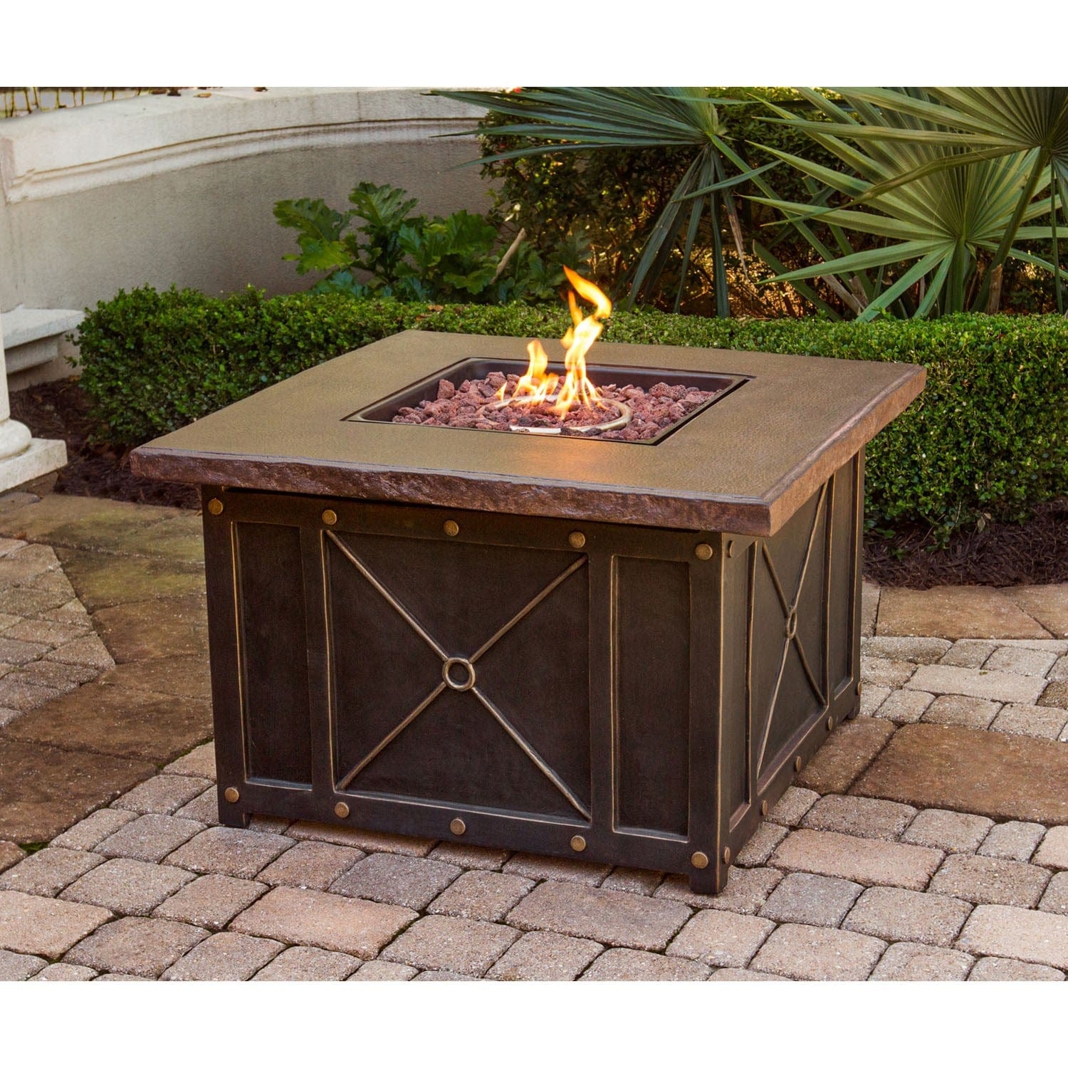 Hanover Fire Pit Dining Set Hanover Monaco 5-Piece Fire Pit Chat Set with 4 Sling Dining Chairs and a 40,000 BTU Durastone Propane Fire Pit Coffee Table - MON5PCDFP