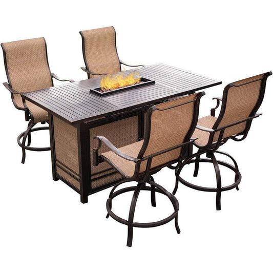 Hanover Fire Pit Dining Set Hanover Monaco 5-Piece High-Dining Set with 4 Swivel Chairs, and a 30,000 BTU Fire Pit Table, MONDN5PCFP-BR Hanover Monaco 5-Piece High-Dining Set with 4 Swivel Chairs, and a 30,000 BTU Fire Pit Table, MONDN5PCFP-BR