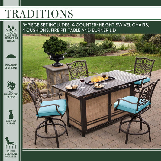 Hanover Fire Pit Dining Set Hanover Traditions 5-Piece Aluminum Frame High-Dining Set in Blue with 4 Swivel Chairs and a Fire Pit Dining Table | TRAD5PCFPBR-BLU