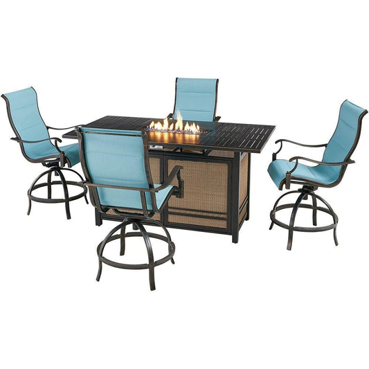 Hanover Fire Pit Dining Set Hanover Traditions 5-Piece High-Dining Set in Blue with 4 Padded Counter-Height Swivel Chairs and a 30,000 BTU Fire Pit Dining Table