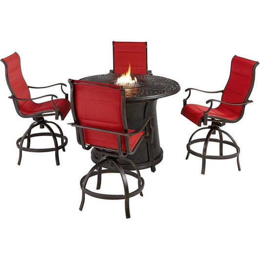 Hanover Fire Pit Dining Set Hanover Traditions 5-Piece High-Dining Set in Red with 4 Padded Counter-Height Swivel Chairs and 40,000 BTU Cast-top Fire Pit Table