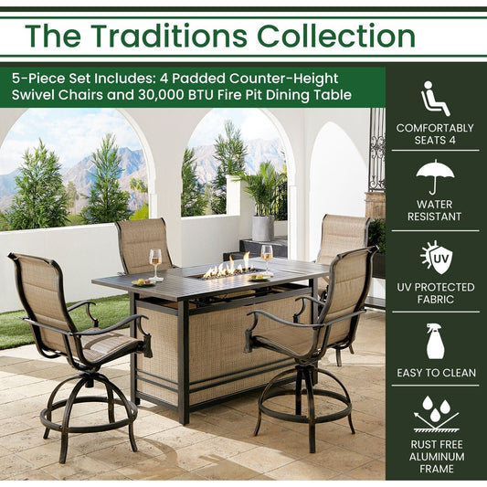 Hanover Fire Pit Dining Set Hanover Traditions 5-Piece High-Dining Set in Tan with 4 Padded Counter-Height Swivel Chairs and a 30,000 BTU Fire Pit Dining Table | TRAD5PCPFPDBR-TAN