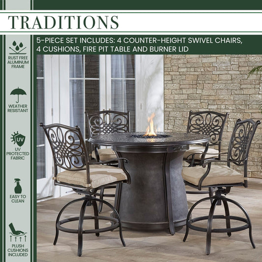 Hanover Fire Pit Dining Set Hanover Traditions 5-Piece High-Dining Set in Tan with 4 Swivel Chairs | 48" Round Cast Top Fire Pit Table | 40,000 BTU | TRAD5PCFPRD-BR