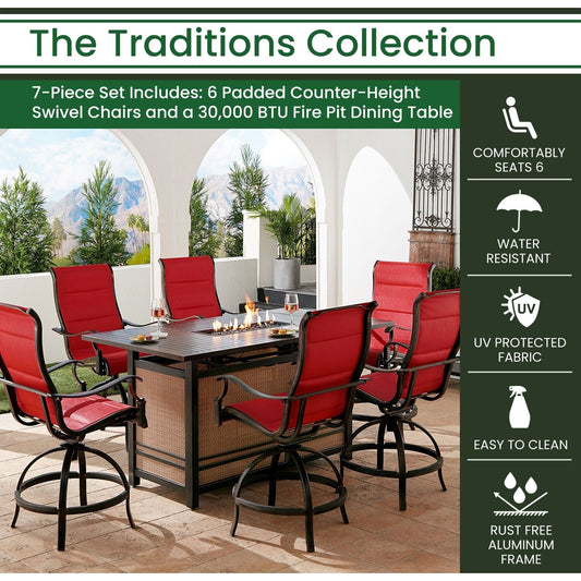 Hanover Fire Pit Dining Set Hanover - Traditions 7-Piece Aluminum Frame High-Dining Set in Red with 6 Padded Counter-Height Swivel Chairs and a 30,000 BTU Fire Pit Dining Table | TRAD7PCPFPDBR-RED
