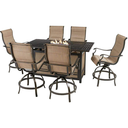 Hanover Fire Pit Dining Set Hanover Traditions 7-Piece High-Dining Set in Tan with 6 Padded Counter-Height Swivel Chairs and a 30,000 BTU Fire Pit Dining Table