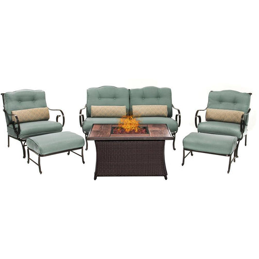 Hanover Fire Pits Hanover - Oceana 6pc Fire Pit Set with Wood Grain Tile Top