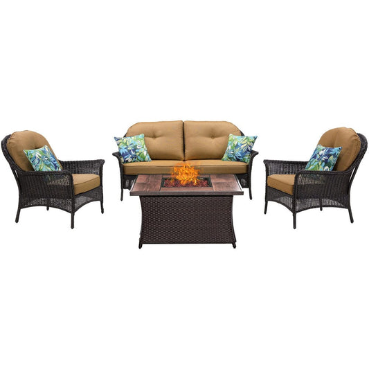 Hanover Fire Pits Hanover - San Marino 4pc Fire Pit Set with Wood Grain Tile Top