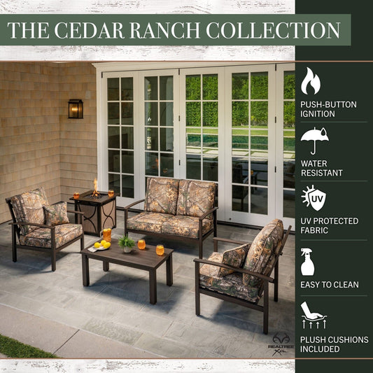 Hanover Fire Table Dining Set Hanover - Cedar Ranch 5pc Set: 2 Camo Chairs, Loveseat, Coffee Table and Sling Fire Pit | 25x25 | CDRNCH5PCFP-CMO