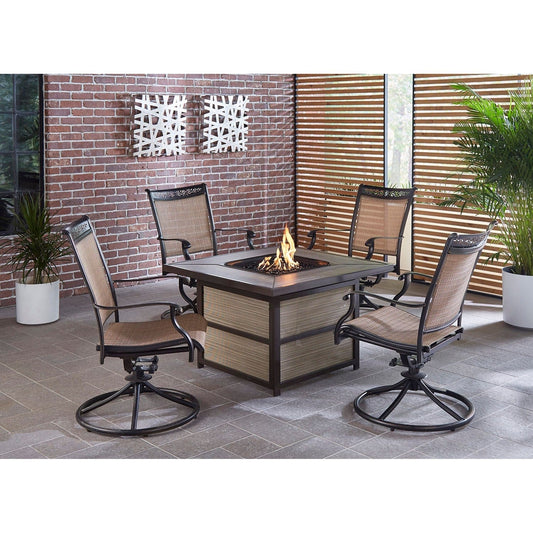 Hanover Fire Table Dining Set Hanover - Fontana 5-Piece Fire Pit Chat Set with 4 Sling Swivel Rockers and a 40,000 BTU Gas Durastone Fire Pit Coffee Table | FON5PCDSW4FP