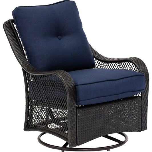 Hanover Fire Table Dining Set Hanover - Orleans 5-Piece Fire Pit Chat Set in Navy Blue with 4 Woven Swivel Gliders and a 26-In. Square Fire Pit Table | 31x34 | ORL5PCFPSQ-NVY