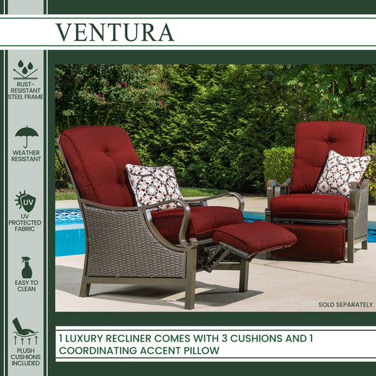 Hanover Lounge Chairs Hanover Ventura Outdoor Luxury Recliner in Crimson Red | with Pillow Accessory, All-weather, Resin Weave | Brown/Crimson Red | VENTURAREC-RED