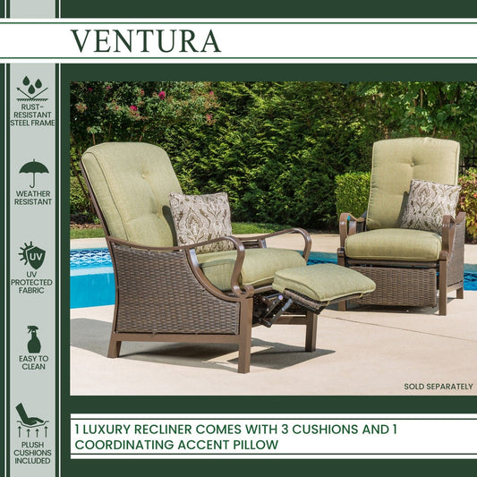 Hanover Lounge Chairs Hanover Ventura Outdoor Luxury Recliner in Vintage Meadow | with Pillow Accessory, All-weather, Resin Weave | Brown/Olive | VENTURAREC