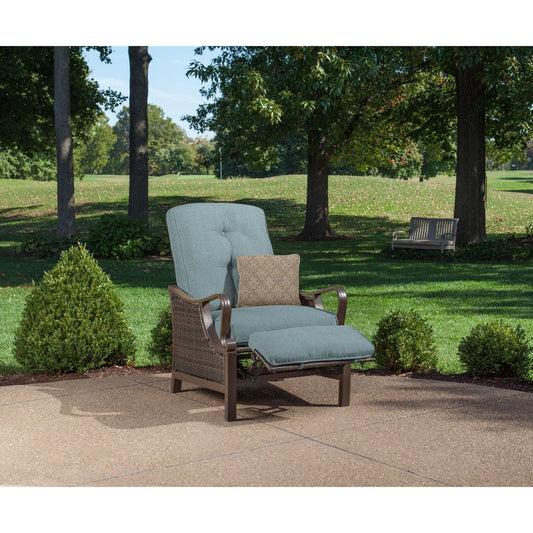 Hanover Lounge Chairs Hanover -Ventura Outdoor Luxury Recliner | with Pillow Accessory, All-weather, Resin Weave | Brown/Ocean Blue | VENTURAREC-BLU