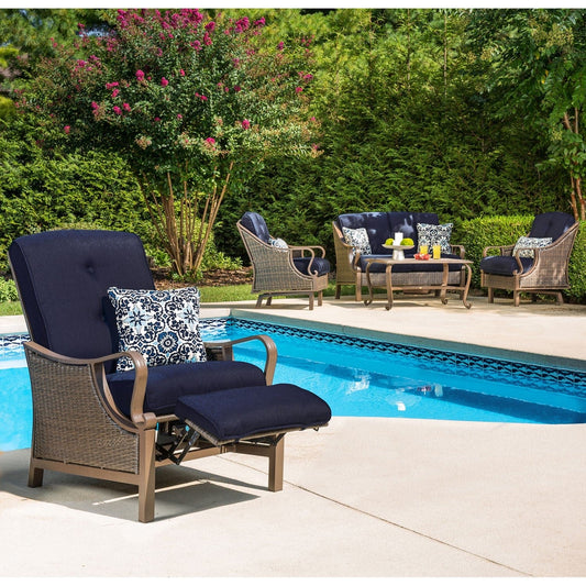 Hanover Lounge Chairs Hanover Ventura Outdoor Luxury Recliner | with Pillow Accessory, All-weather, Resin Weave | Navy Blue | VENTURAREC-NVY