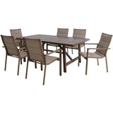 Hanover Outdoor Dining Set Fairhope 7-Piece Outdoor Dining Set with 6 Padded Contoured-Sling Chairs and a 74-In. x 40-In. Trestle Table, Tan