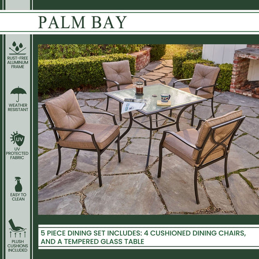Hanover Outdoor Dining Set Hanover - 5 Piece Dining Set | 4 steel dining chairs w/cushions | 38" sq glass table | PALMBAYDN5PC-TAN