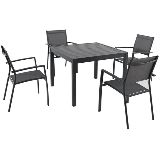 Hanover Outdoor Dining Set Hanover - 5pc Dining set: 4 alum sling dining chairs, sq slat top dining table