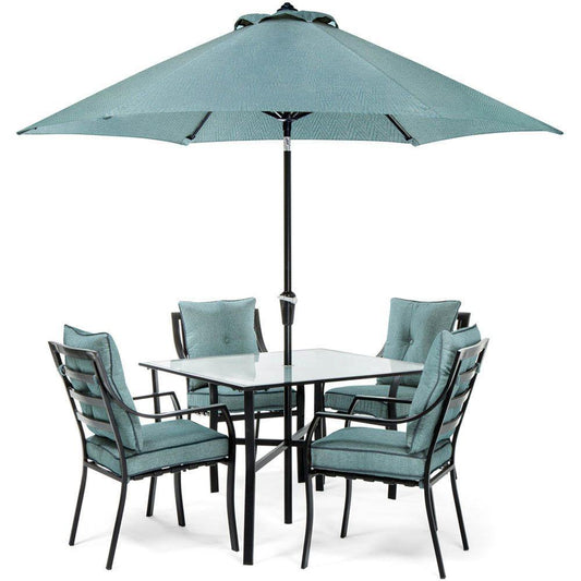 Hanover Outdoor Dining Set Hanover - 5pc Dining Set: 4 Chairs, 1 Square Table, 1 Umbrella, 1 Umb Base