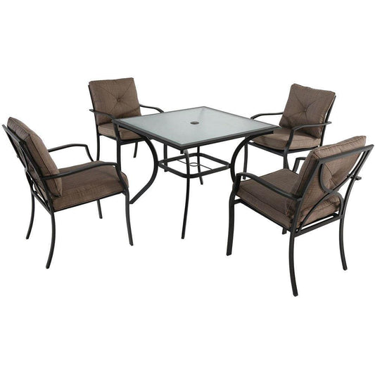 Hanover Outdoor Dining Set Hanover - 5pc Dining Set: 4 steel dining chairs w/cushions, 38" sq glass table