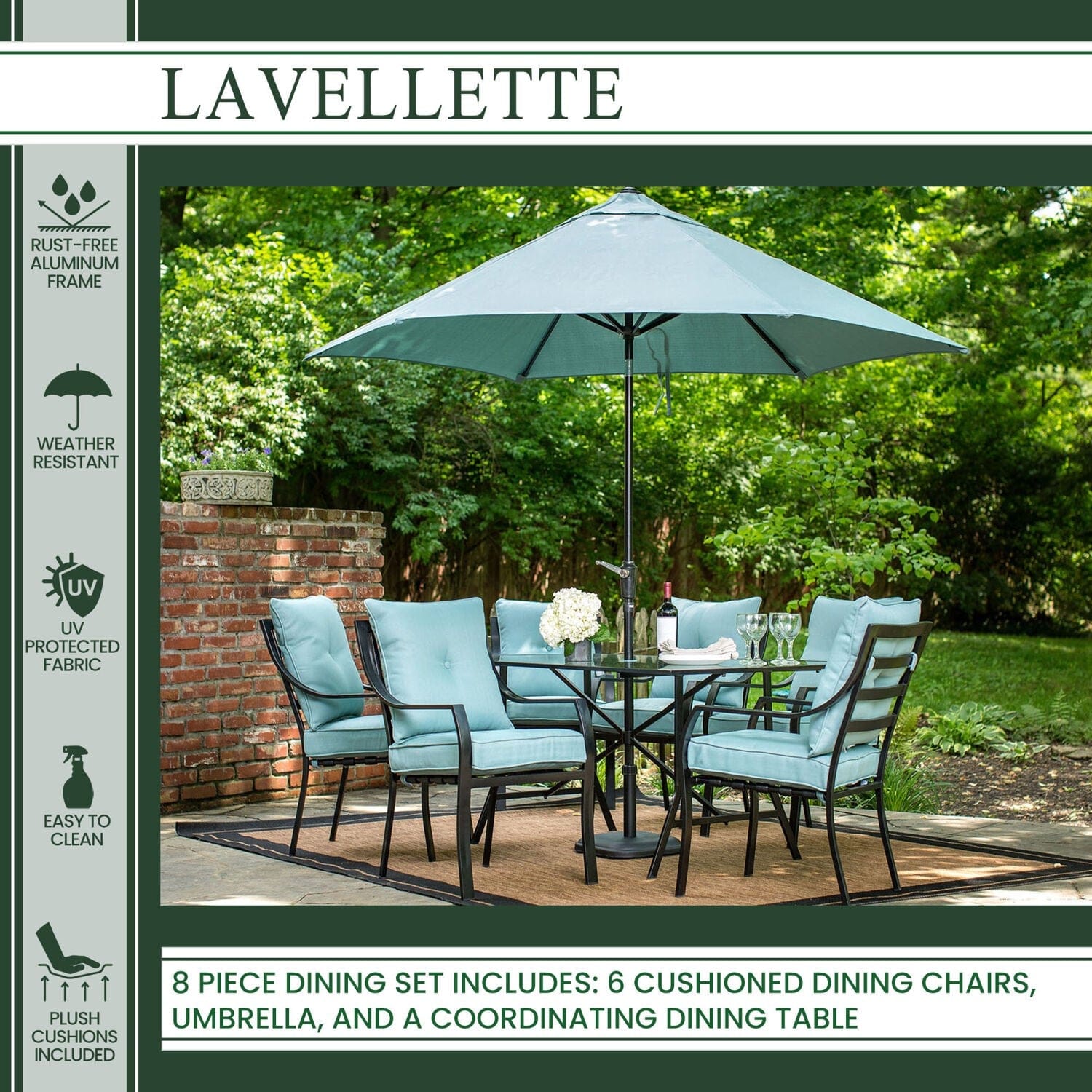 Hanover Outdoor Dining Set Hanover - 7 Piece Dining Set | 6 Chairs | 1 Table | 1 Umbrella | 1 Umbrella Base | Gray/Ocean Blue | LAVDN7PC-BLU-SU