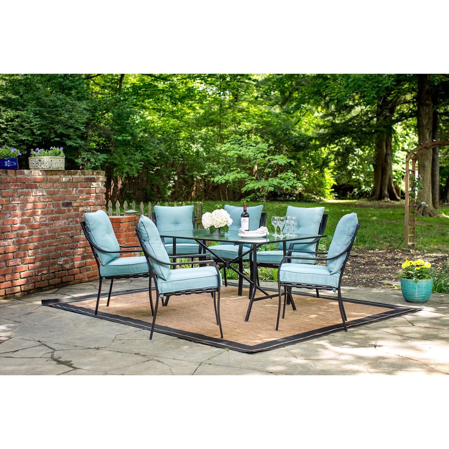 Hanover Outdoor Dining Set Hanover - 7 Piece Dining Set | 6 Stationary Chairs | 1 Dining Table | Gray/Ocean Blue | LAVDN7PC-BLU
