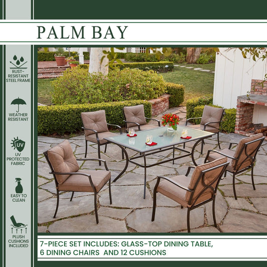 Hanover Outdoor Dining Set Hanover - 7 Piece Dining Set | 6 Steel dining chairs w/cushions | 60x38" Glass Table | Steel/Tan | PALMBAYDN7PC-TAN