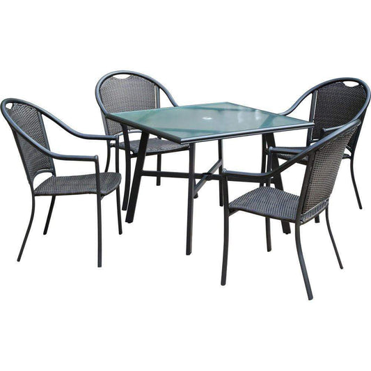 Hanover Outdoor Dining Set Hanover - Bambray 5pc Dining Set: 4 Woven Dining Chairs and 1 38" Sq Glass Tbl BAMDN5PCG