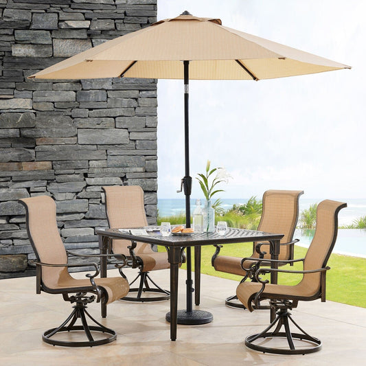 Hanover Outdoor Dining Set Hanover Brigantine 5 Piece Outdoor Dining Set with 4 Sling Swivel Rockers, 42-In. Square Cast-Top Table, 9-Ft. Umbrella and Base - Tan/Bronze - BRIGDN5PCSWSQ-SU