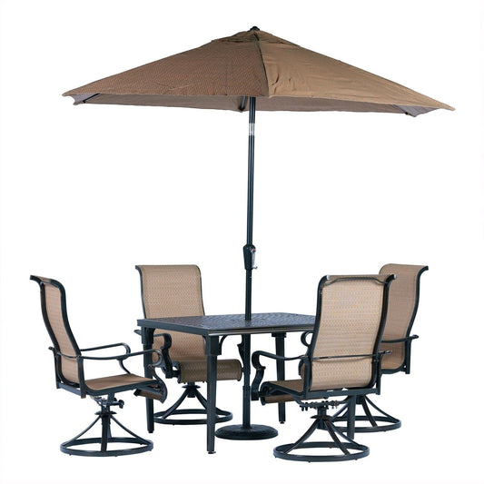Hanover Outdoor Dining Set Hanover Brigantine 5 Piece Outdoor Dining Set with 4 Sling Swivel Rockers, 42-In. Square Cast-Top Table, 9-Ft. Umbrella and Base - Tan/Bronze - BRIGDN5PCSWSQ-SU