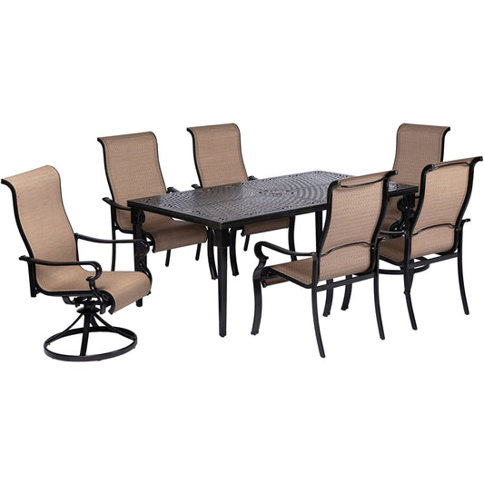Hanover Outdoor Dining Set Hanover Brigantine 7 Piece Dining Set with a 40" x 70" Cast-Top Dining Table, 2 Sling Swivel Rockers, and 4 Sling Dining Chairs - Cast/Tan - BRIGDN7PCSW-2