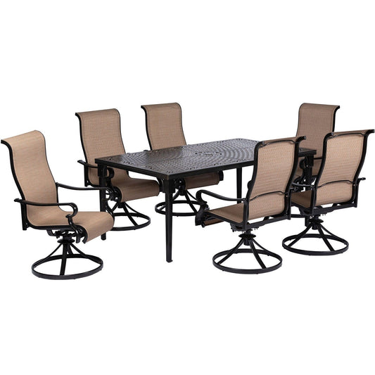 Hanover Outdoor Dining Set Hanover Brigantine 7-Piece Dining Set with a 40" x 70" Cast-Top Dining Table and 6 Sling Swivel Rockers - BRIGDN7PCSW-6